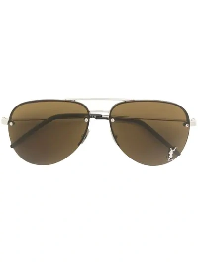 Shop Saint Laurent Eyewear Logo Aviator Sunglasses - Brown