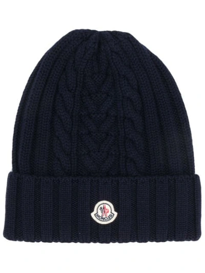 Shop Moncler Ribbed Knit Beanie In Blue