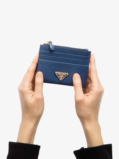 Shop Prada Saffiano Leather Credit Card Holder In Blue