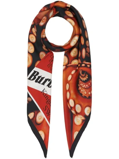 Shop Burberry Octopus And Logo Graphic Print Silk Square Scarf In Red