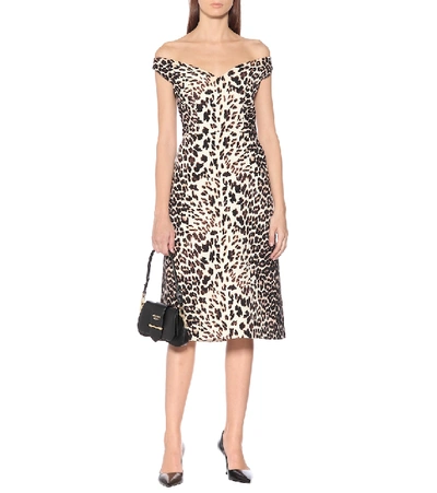 Shop Prada Leopard-print Wool Midi Dress In Beige