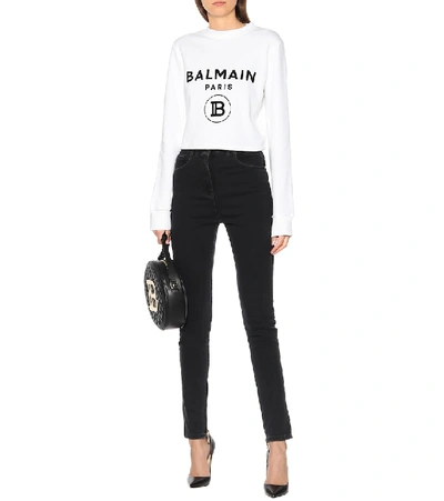 Shop Balmain Logo Cropped Cotton Sweater In White