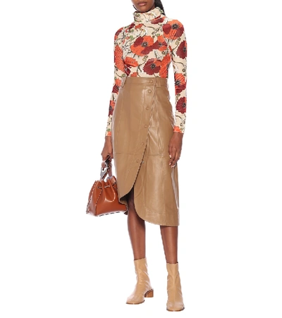 Shop Ganni Leather Midi Skirt In Brown