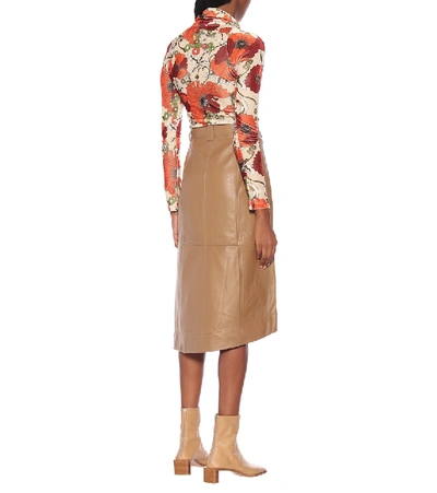 Shop Ganni Leather Midi Skirt In Brown