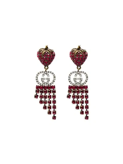 Shop Gucci Strawberry Crystal Drop Earrings In Red