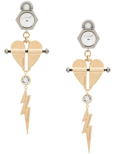 PRADA HEART AND LIGHTNING EARRINGS - 金色