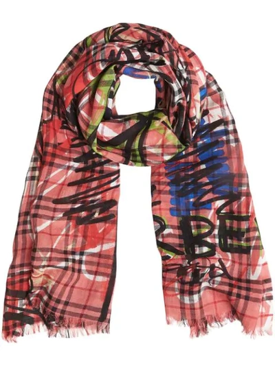 Shop Burberry Vintage Check Graffiti Scarf In Pink