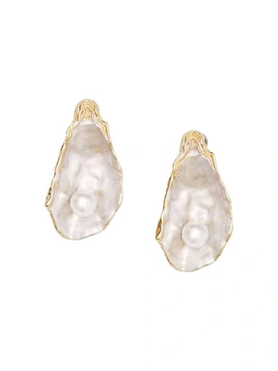 Shop Burberry Faux Pearl Detail Gold-plated Oyster Earrings In White