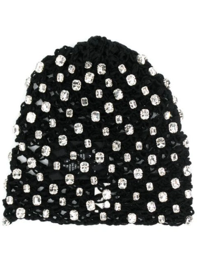 Shop Saint Laurent Crystal-embellished Knitted Beanie In Black