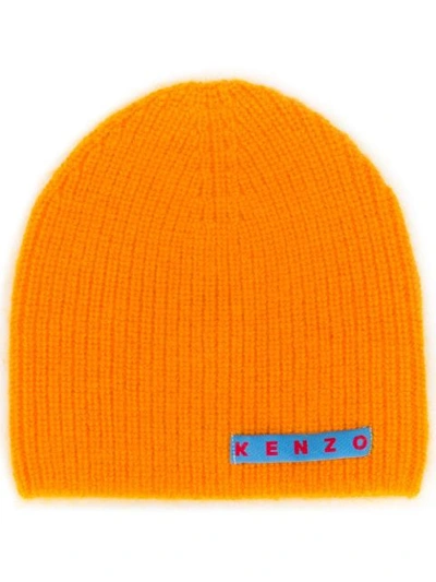 Shop Kenzo Logo Patch Knitted Beanie In Orange