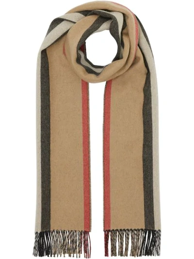 Shop Burberry Reversible Icon Stripe Cashmere Scarf In Neutrals