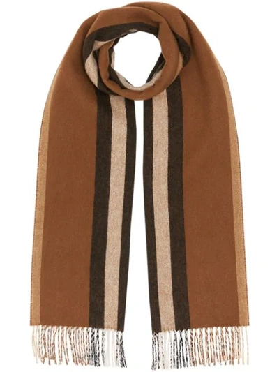 Shop Burberry Reversible Icon Stripe Cashmere Scarf In Brown