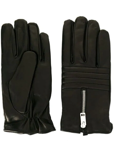Shop Diesel Zip Detail Leather Gloves In Black
