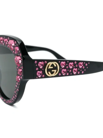 Shop Gucci Eyewear Crystal Heart Embellished Oversized Sunglasses - Black