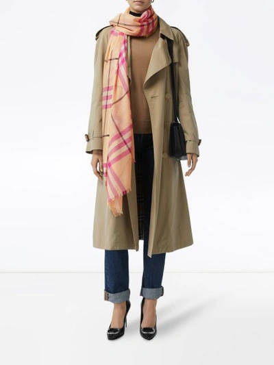 Shop Burberry Lightweight Check Wool And Silk Scarf In Orange
