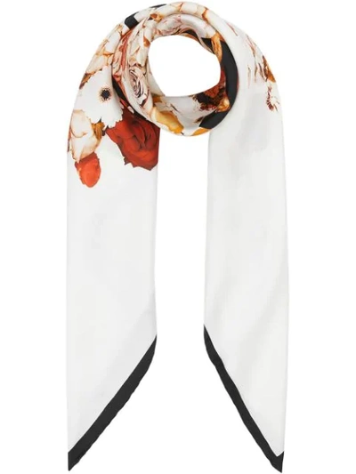 Shop Burberry Floral Print Silk Square Scarf In White