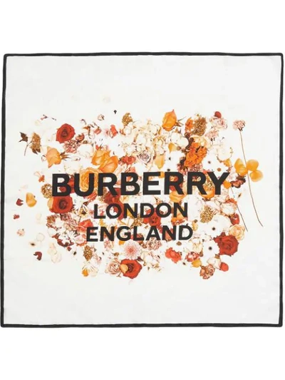Shop Burberry Floral Print Silk Square Scarf In White