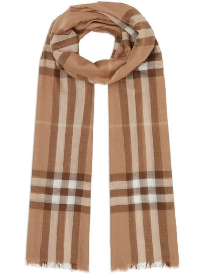 Shop Burberry Lightweight Check Wool Silk Scarf In Brown