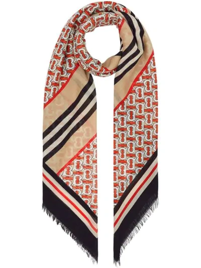 Shop Burberry Icon Stripe Monogram Print Wool Silk Square Large Scarf In Neutrals