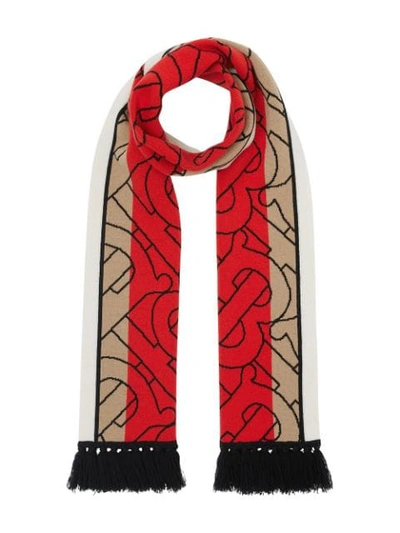 Shop Burberry Striped Monogram Cashmere Jacquard Scarf In Red