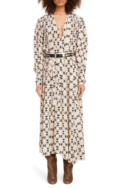 Shop Isabel Marant Quilt Print Long Sleeve Stretch Silk Midi Dress In Ecru