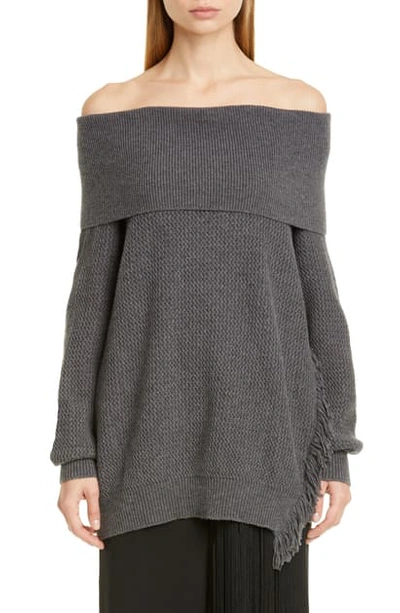 Shop Stella Mccartney Fringe Trim Off The Shoulder Wool Sweater In Grey Melange