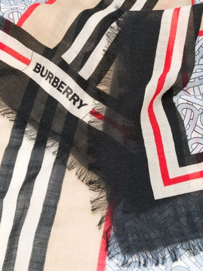 Shop Burberry Icon Stripe Monogram Print Wool Silk Square Large Scarf In Blue