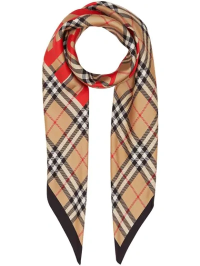 Shop Burberry Horseferry Print Vintage Check Silk Square Scarf In Brown