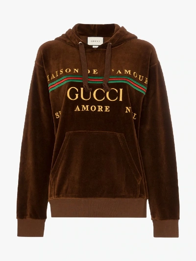 Shop Gucci Embroidered Logo Velour Hoodie In Brown