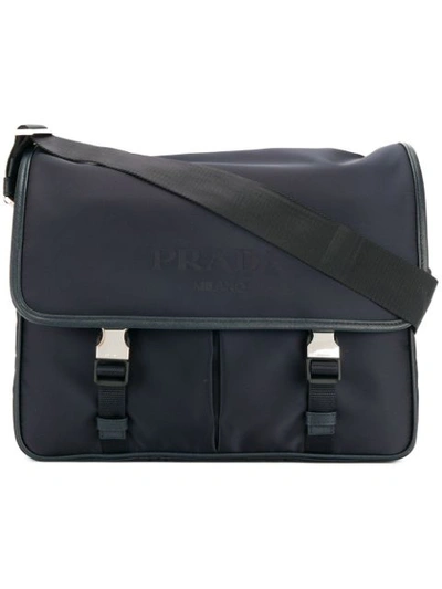 Shop Prada Small Logo Print Messenger Bag In Blue