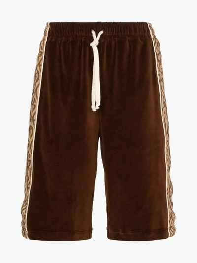 Shop Gucci Rhombus Logo Velvet Track Shorts In Brown
