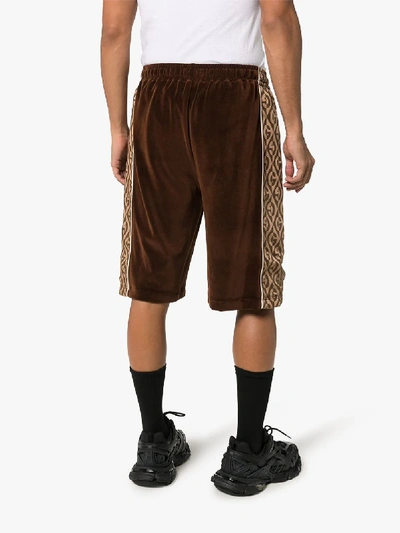 Shop Gucci Rhombus Logo Velvet Track Shorts In Brown