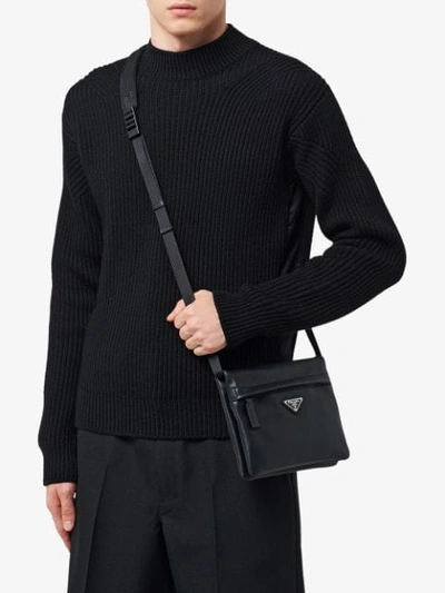 Shop Prada Logo Plaque Bi-fold Messenger Bag In Black