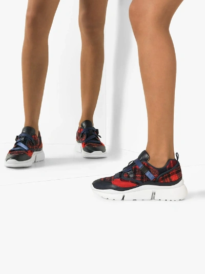 Shop Chloé Red And Blue Sonnie Checked Sneakers