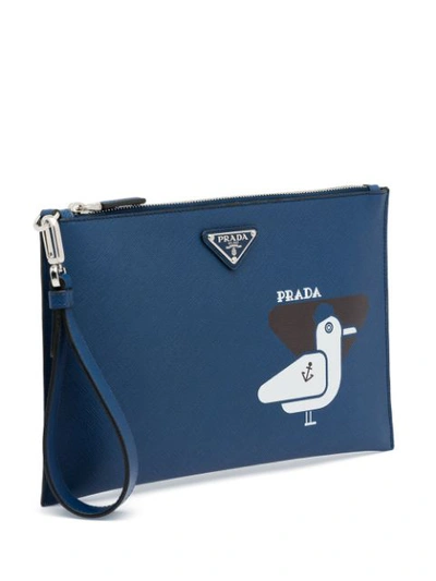 Shop Prada Seagull Printed Clutch Bag In Blue