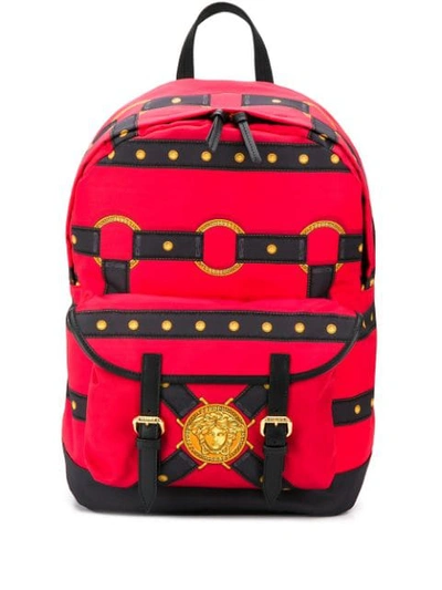 Shop Versace Strappy Printed Backpack In Red