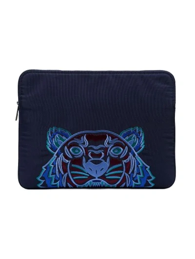 Shop Kenzo Blue Tiger Head Embroidered Laptop Case