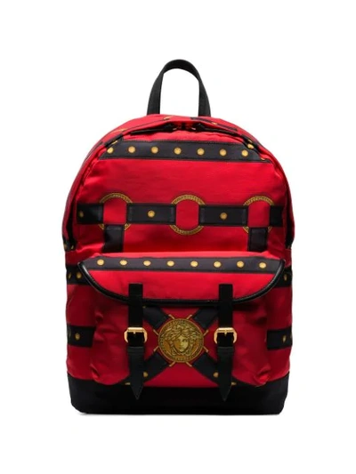 Shop Versace Bondage-print Backpack In Red