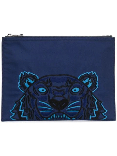 Shop Kenzo Tiger Embroidered Clutch Bag In Blue