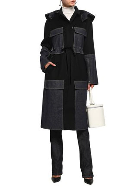 Shop Adeam Woman Denim-paneled Wool-blend Hooded Coat Black