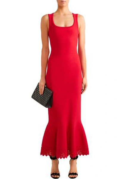 Shop Alaïa Woman Fluted Laser-cut Stretch-knit Gown Tomato Red