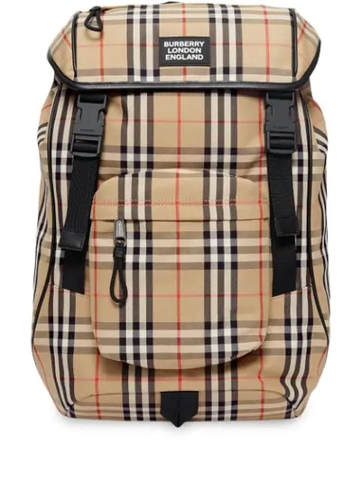 Shop Burberry Logo Detail Vintage Check Backpack In Neutrals