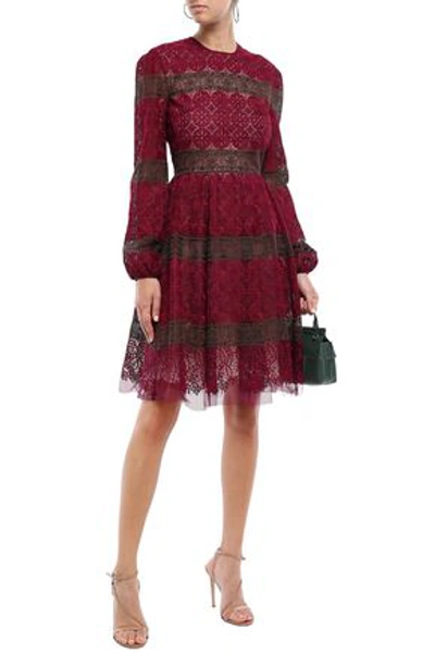 Shop Giambattista Valli Flared Striped Guipure Lace Mini Dress In Claret