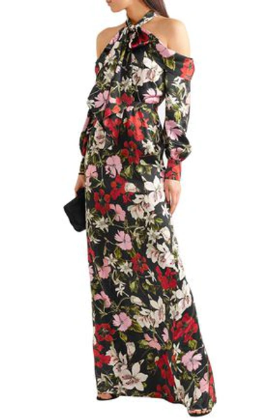 Shop Erdem Woman Anora Cold-shoulder Floral-print Silk-satin Gown Black
