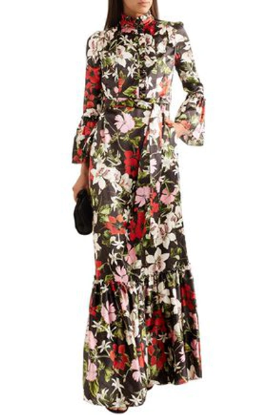 Shop Erdem Woman Stephanie Fluted Floral-print Silk-satin Gown Black