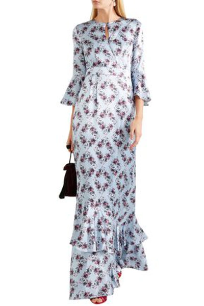 Shop Erdem Woman Venice Ruffle-trimmed Floral-print Silk-satin Gown Sky Blue