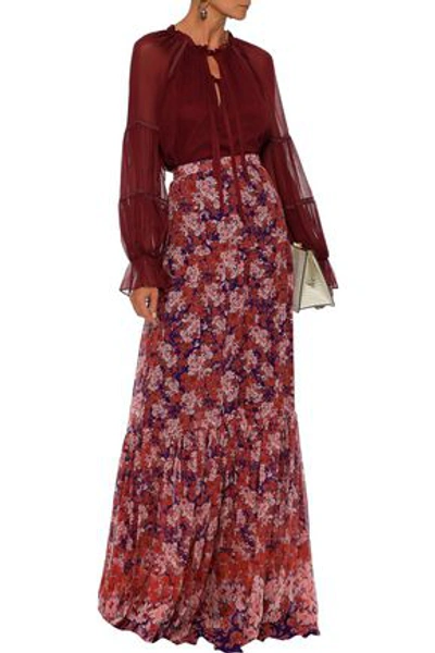Shop Giambattista Valli Woman Gathered Floral-print Silk-georgette Maxi Skirt Brick