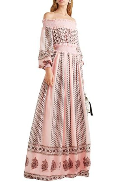 Shop Giambattista Valli Off-the-shoulder Shirred Lace-trimmed Printed Silk-georgette Gown In Baby Pink