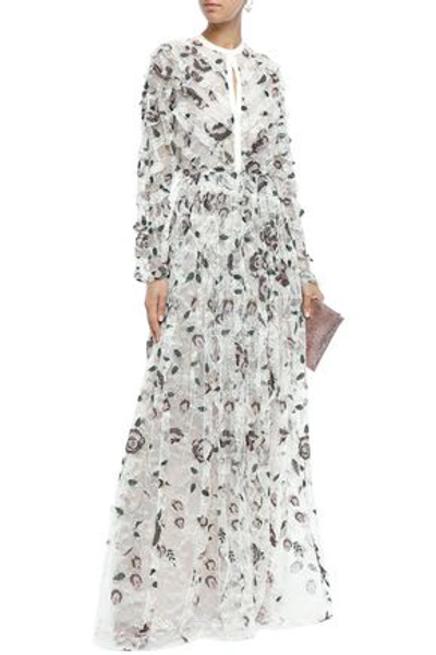 Shop Giambattista Valli Woman Ruffle-trimmed Embroidered Metallic Lace Gown White