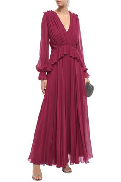 Shop Giambattista Valli Woman Wrap-effect Gathered Silk-chiffon Peplum Gown Claret